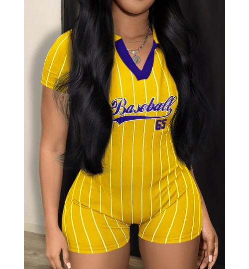 LW V Neck Letter Print Striped Romper