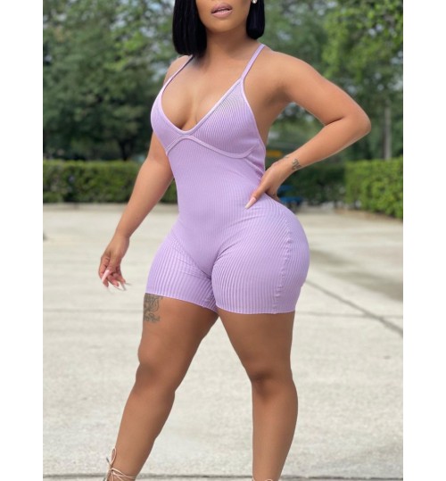 LW Casual Backless Rib-Knit Purple Romper
