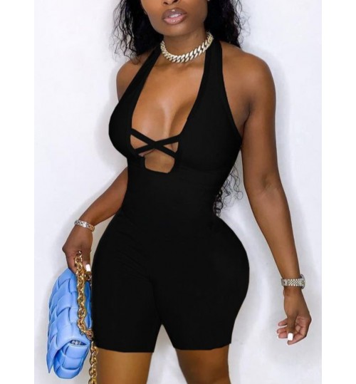 LW SXY V Neck Hollow-out Black One-piece Romper
