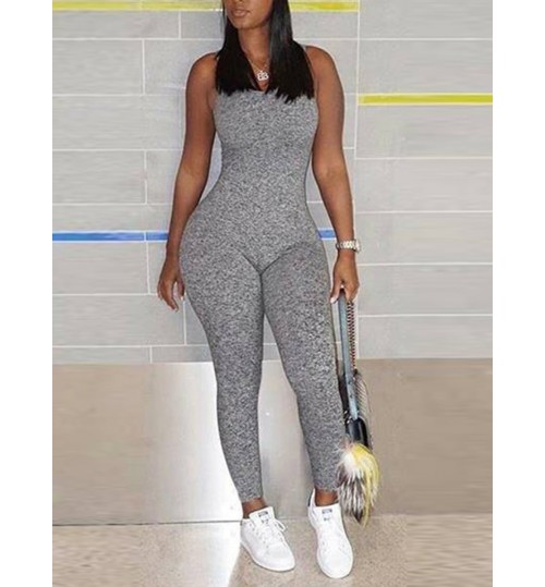 LW BASICS Casual U Neck Skinny Grey Jumpsuit
