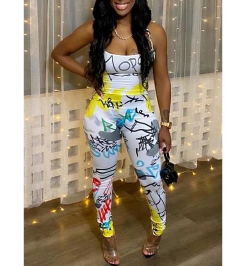 LW Street Graffiti Print Backless White One-piece Jumpsuit