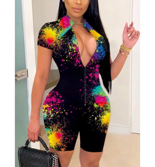 LW Street Splash Ink Print Zipper Design Black One-piece Romper