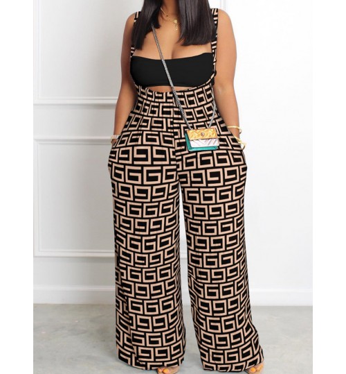 LW Geometric Print Wide Leg Overall Jumpsuit