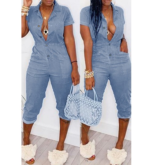 LW Leisure Buttons Design Blue One-piece Jumpsuit