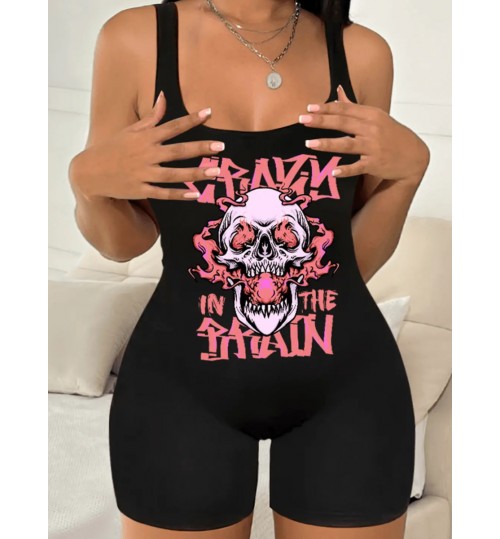 LW Skull Head Letter Print Cami Skinny Romper