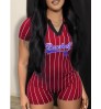 LW V Neck Letter Print Striped Romper