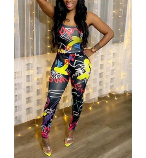 LW Street Graffiti Print Backless Bandage Design Black One-piece Jumpsuit