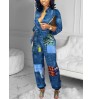 LW Street Turndown Collar Print Blue One-piece Jumpsuit