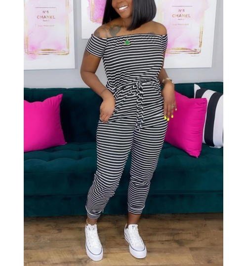 LW Casual Off The Shoulder Striped Lace-up Black One-piece Jumpsuit