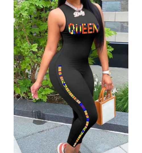LW Queen Letter Print Striped Jumpsuit