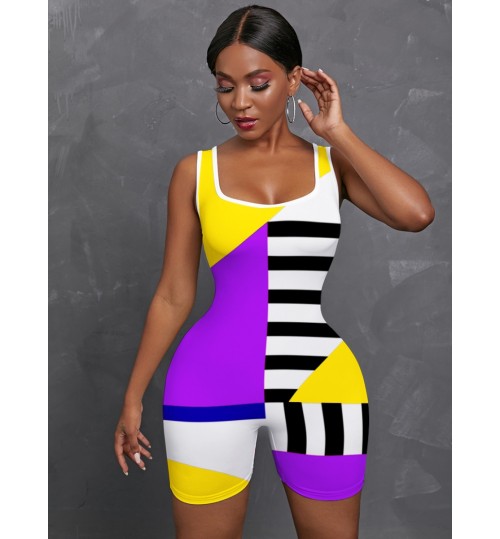 LW Casual U Neck Color-lump Patchwork Yellow One Piece Romper