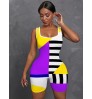 LW Casual U Neck Color-lump Patchwork Yellow One Piece Romper
