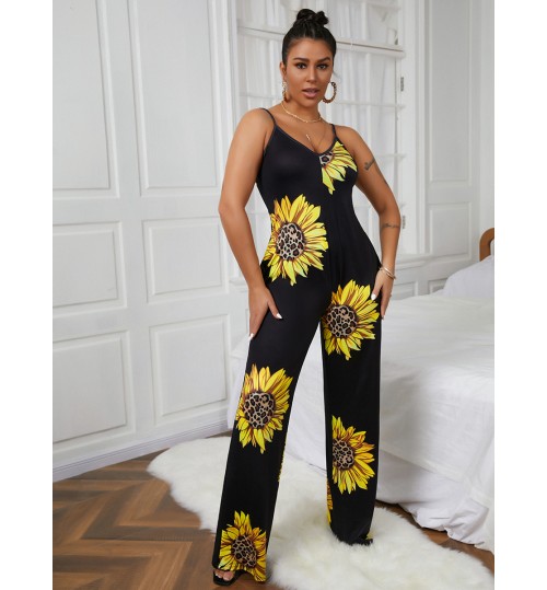 LW Sunflower Print Wide Leg One-piece Jumpsuit