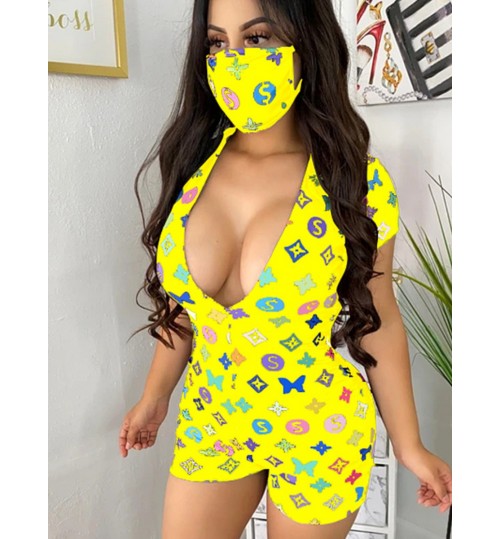 LW Butterfly Letter Print Zipper Design Romper