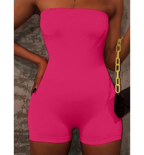 LW BASICS Casual Off The Shoulder Skinny Rose Red One-piece Romper