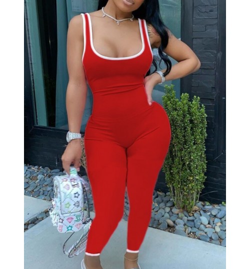 LW Sportswear Patchwork Red One-piece Jumpsuit