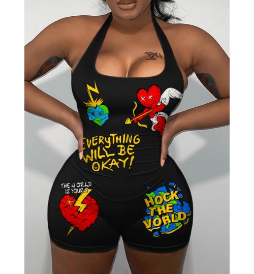 LW Cartoon Letter Print Cami Romper