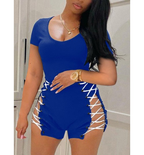 LW SXY Bandage Hollow-out Design Blue One-piece Romper