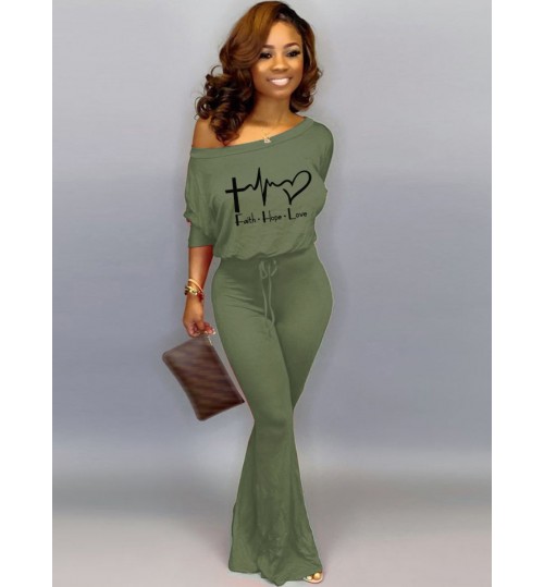 LW Letter Print Drawstring Flared Jumpsuit