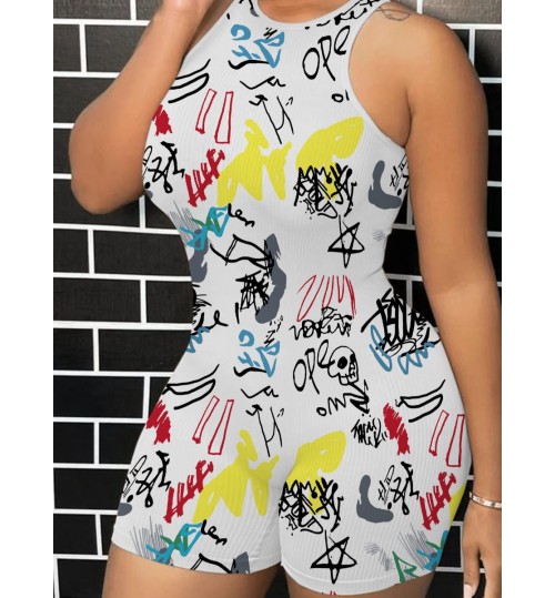 LW Graffiti Skull Head Print Rib Knit Romper