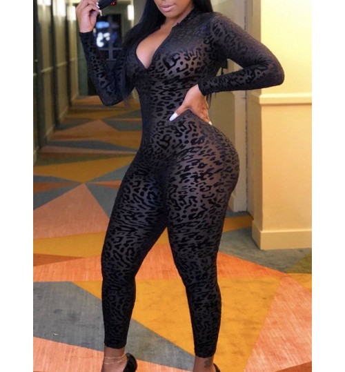 LW SXY Leopard Print See Through Skinny Jumpsuit