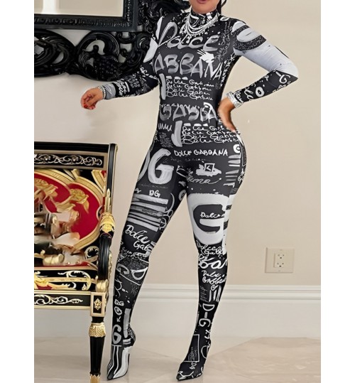 LW Graffiti Letter Print Skinny Jumpsuit