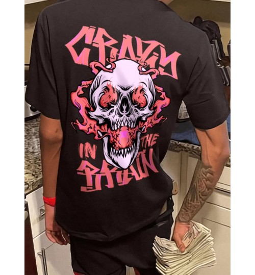 LW Men Blaze Skull Head Letter Print T-shirt