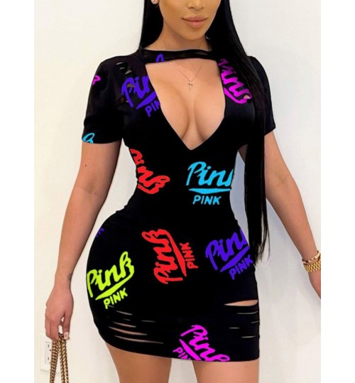 LW SXY Plus Size Letter Print Cut Out Bodycon Dress