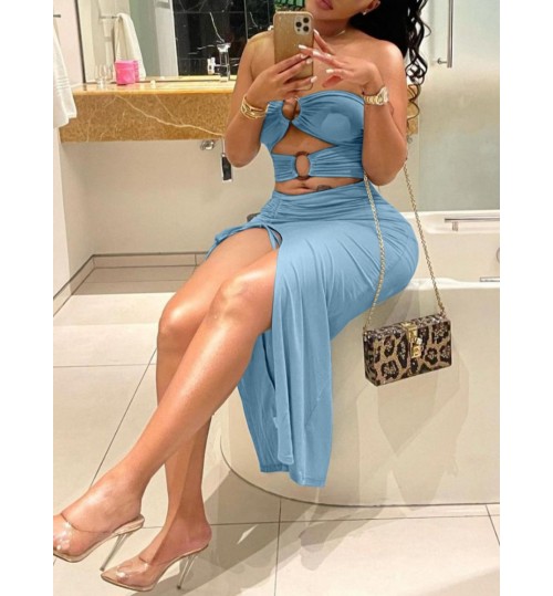 LW Ring Decor Thigh Slit Ruched Dress