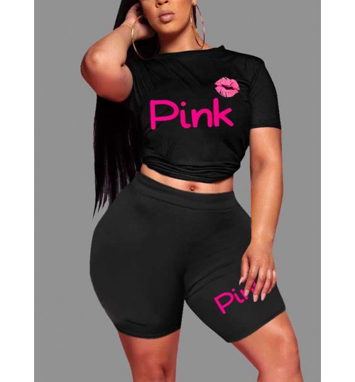 LW Plus Size Lip Pink Letter Print Shorts Set