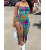 LW Plus Size Mixed Print Drawstring Thigh Slit Bodycon Dress