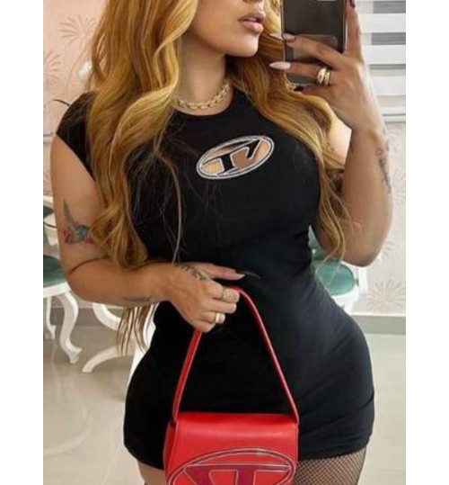 LW Round Neck Letter Decor Bodycon Dress