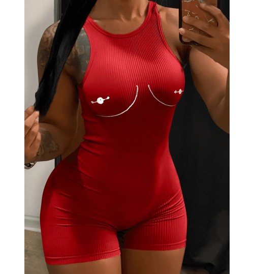 LW Rib Knit Print Skinny Cami Romper