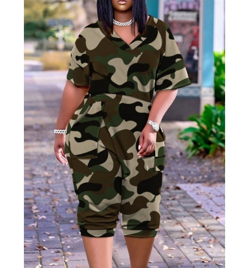 LW Plus Size Camo Print Pocket Design Jumpsuit