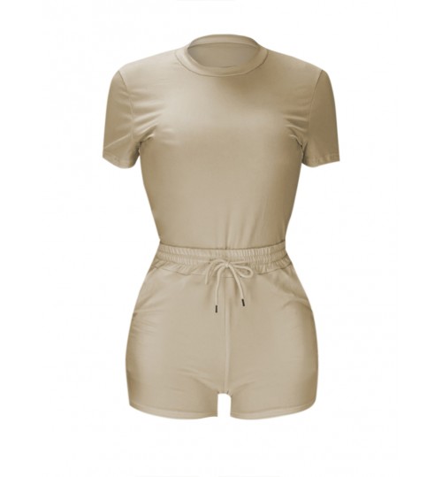 LW BASICS Plus Size Round Neck Drawstring Shorts Set