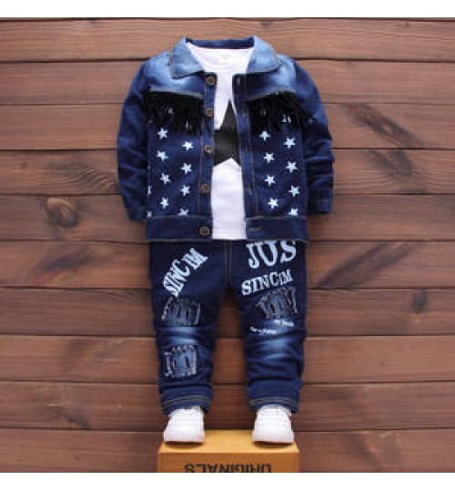 Spring Boy's Clothing Sets Denim Long Sleeve White Top with Star+Denim Coat+Jeans Letter 3 Pcs Pants Set Boys Fall Clothing
