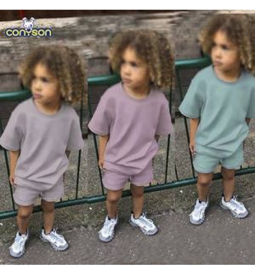 conyson wholesale two piece kids jogger clothes set cotton short sleeve custom boys clothing sets summer kids sweatsuits