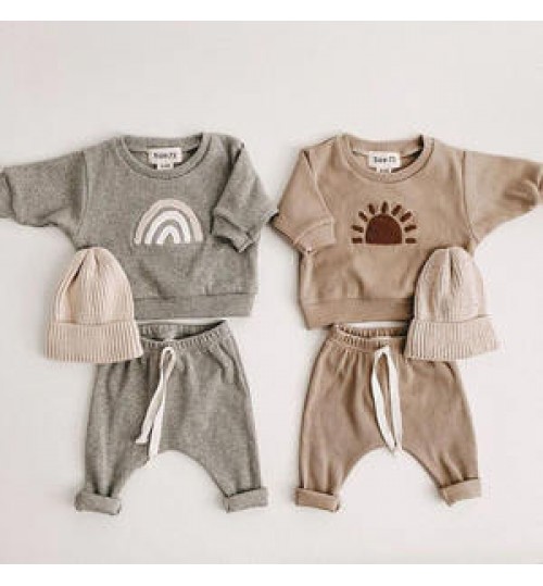 Kids Baby Clothes Set Autumn New Boys Girls Long Sleeves Hooded Tops +Loose Trousers 2pcs Rainbow Embroidery Children's Clothing