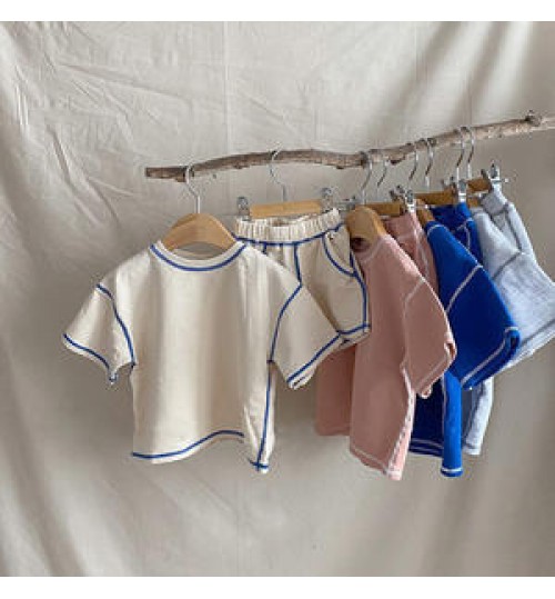 HT23D107035 fashion summer new arrival infant baby boys 2 pcs clothing sets thread beige blue t shirt with shorts