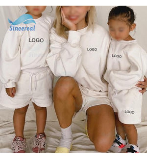 Custom Mommy And Me family Matching Outfits Loungewear Plain Color Crew Neck Loose Fit Unisex Pullover Casual 2 Piece Shorts Set