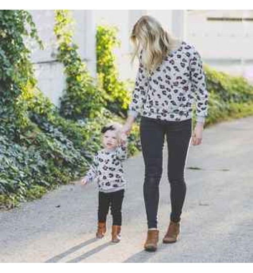 2021 Wholesale Family Matching Mommy and Me Outfits Pullover Sweatshirt Kitted Sweater Mother Daughter Women Leopard 100% Cotton