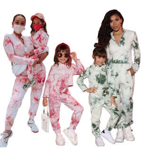 Fall mommy and Me Outfits Tie Dye Hoodie 2pcs Long Pants Sets Family Matching Set Women Hoodies Two Piece Sets