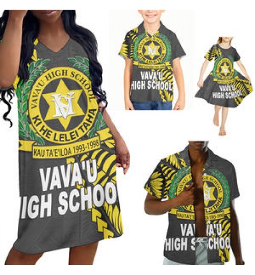 4-piece Sets Custom Casual Women Dress Matching Men Shirt Kids Shirt Tonga Vava u High School Polynesian family matching outfits