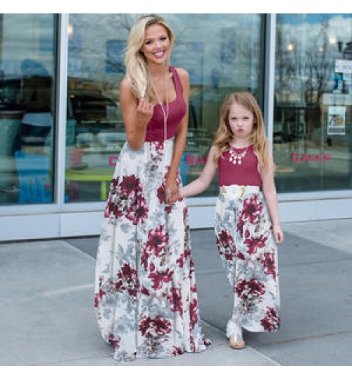 Mommy And Me Contrast Color Dresses Floral Print Parent-Child Dress Extreme Bottom Long Skirt Family Matching Outfits