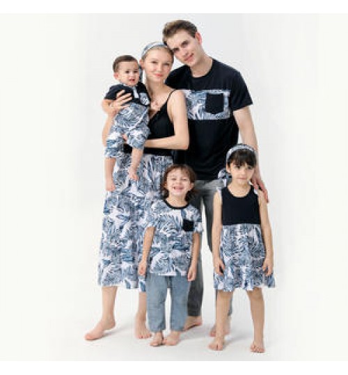 Matching Family Members Summer Outfits, Mommy and Me Dresses Parents Child Casual Floral Printed Clothes