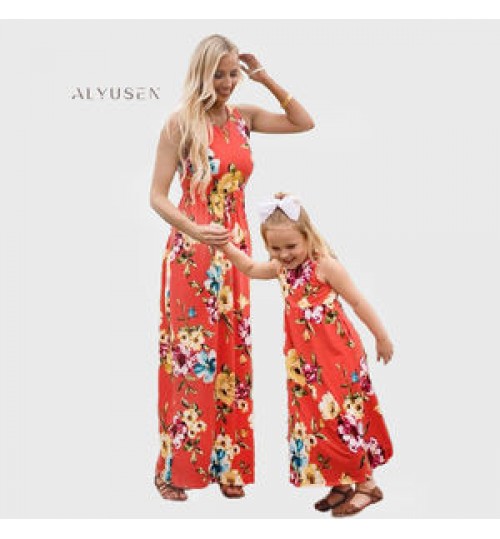 Wholesale Floral Sleeveless Crew Neck Long Mom and Baby Dress Mum and Daughter Family Matching Outfits