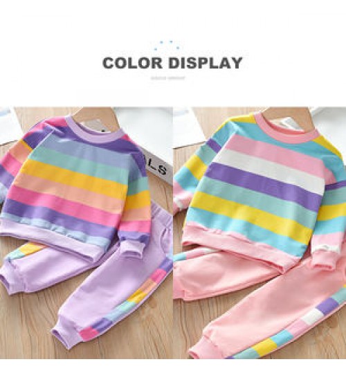 Girls Clothing Back To School 10Yrs Girls 2 Pieces Sets Daily Wear Child Clothing For Autumn Striped Colorful Rainbow