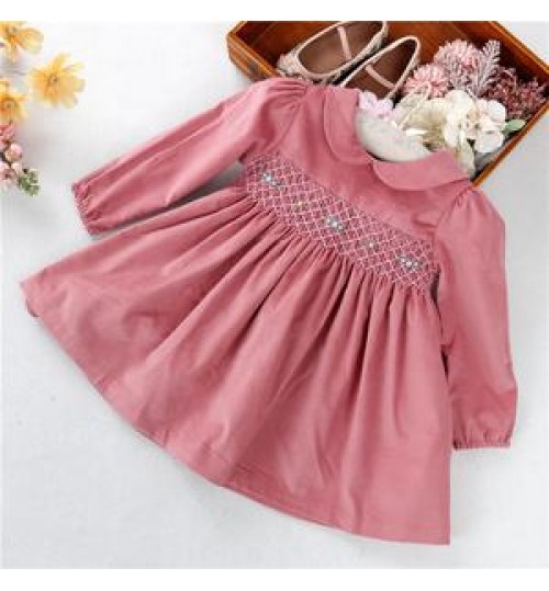 Girls Baby Girl Smocked Dresses C20729 Winter Corduroy Little Baby Dresses For Girls Smocked Hand Made Blue Pink Outfit Kids Children Clothes Wholesale Bishop