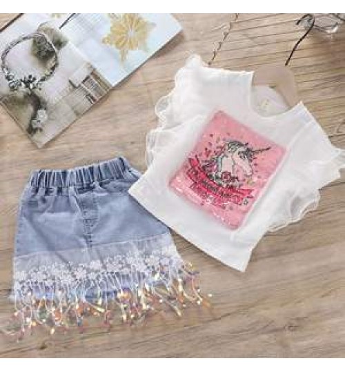 unicorn Girls Clothing Sets 2021 Summer Baby girl casual suit Kids Clothes Sequins Lace T-shirt+Denim skirt Children Suit 2-7yrs