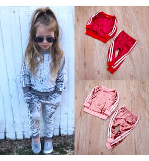 2022 Wholesale Casual Spring Autumn Winter 2 pieces Long Outfits Golden Velvet Girl Boy Children's Clothing Girls' Clothing Sets